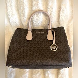 Michael Kors Camille Large logo And Leather Satchel Dark Brown and tan